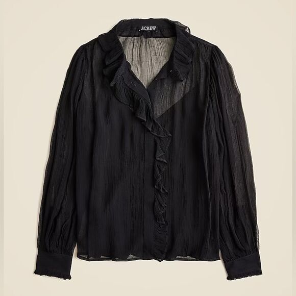 NWT J CREW Ruffle button-up shirt in crinkle chiffon in black - Picture 3 of 7